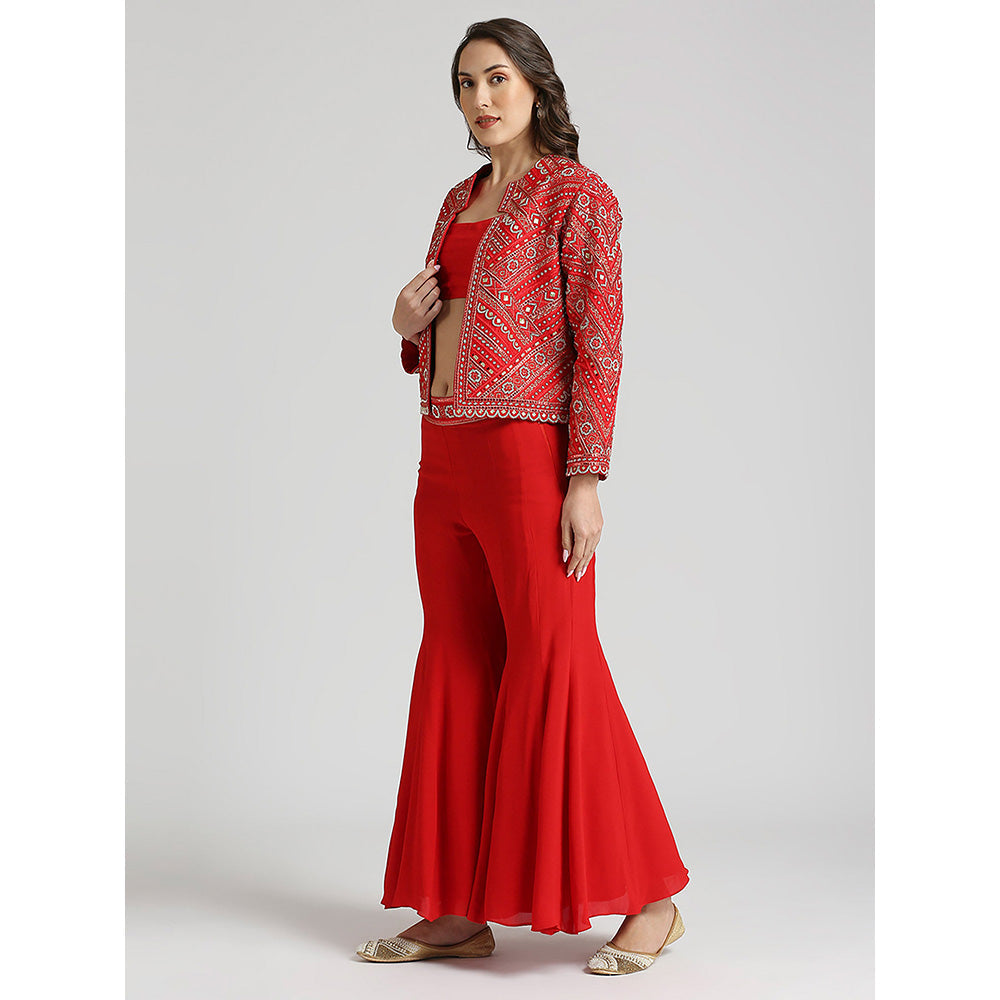 Neha Mehra Red Embroidered Jacket with Bustier and Sharara (Set of 3)