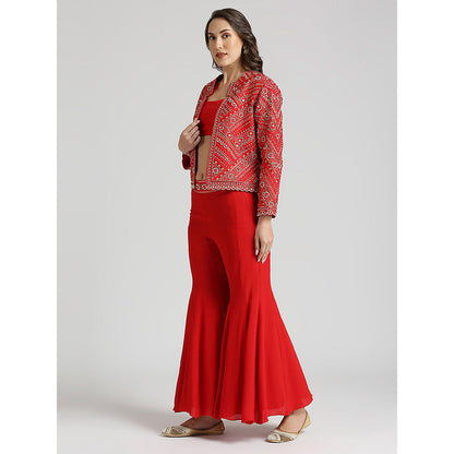 Neha Mehra Red Embroidered Jacket with Bustier and Sharara (Set of 3)