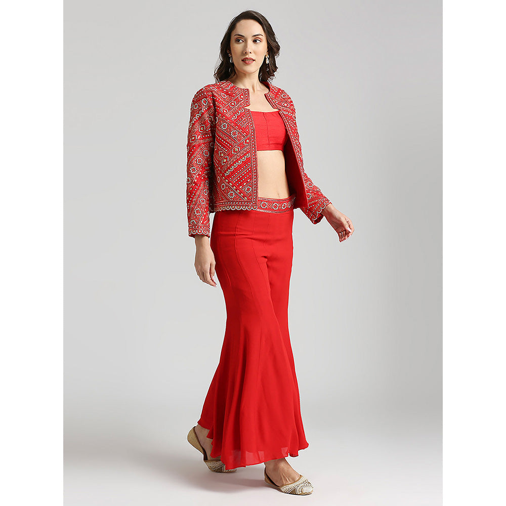 Neha Mehra Red Embroidered Jacket with Bustier and Sharara (Set of 3)