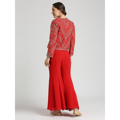 Neha Mehra Red Embroidered Jacket with Bustier and Sharara (Set of 3)