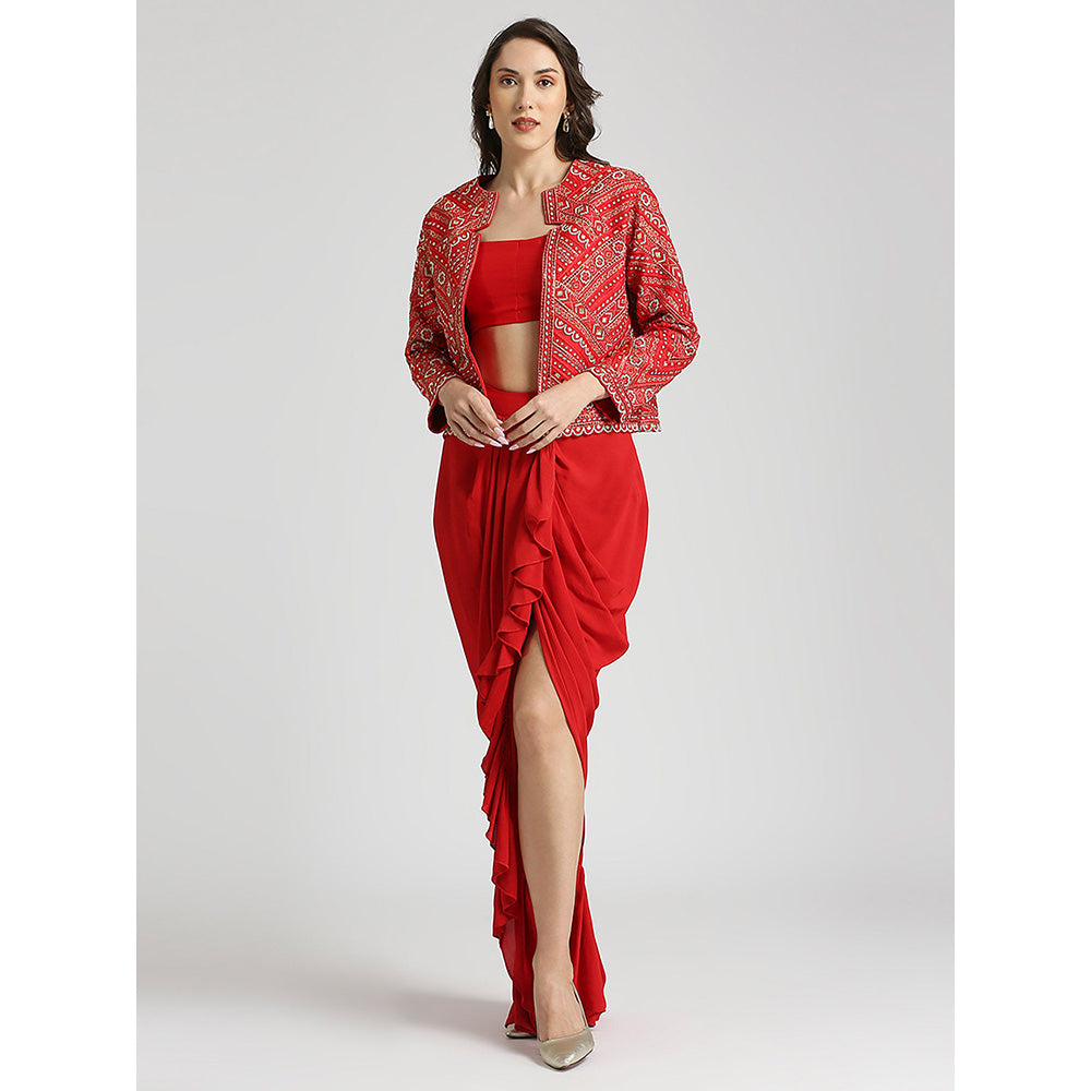 Neha Mehra Red Embroidered Jacket with Blouse and Skirt (Set of 3)