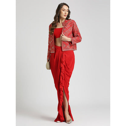 Neha Mehra Red Embroidered Jacket with Blouse and Skirt (Set of 3)