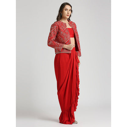 Neha Mehra Red Embroidered Jacket with Blouse and Skirt (Set of 3)