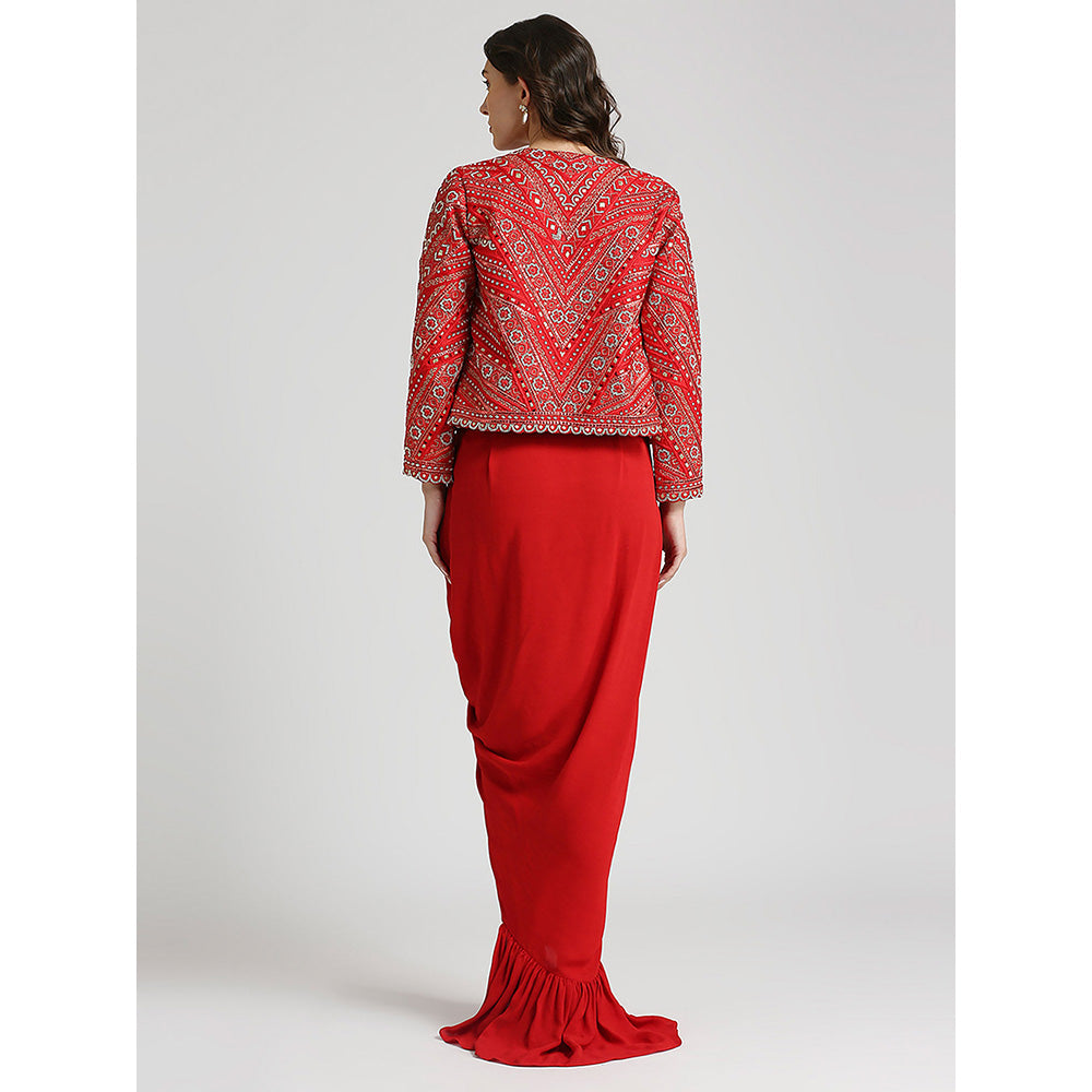 Neha Mehra Red Embroidered Jacket with Blouse and Skirt (Set of 3)