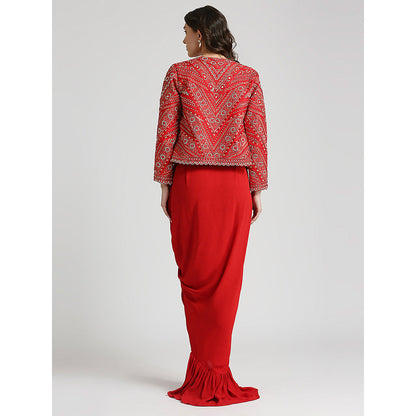 Neha Mehra Red Embroidered Jacket with Blouse and Skirt (Set of 3)