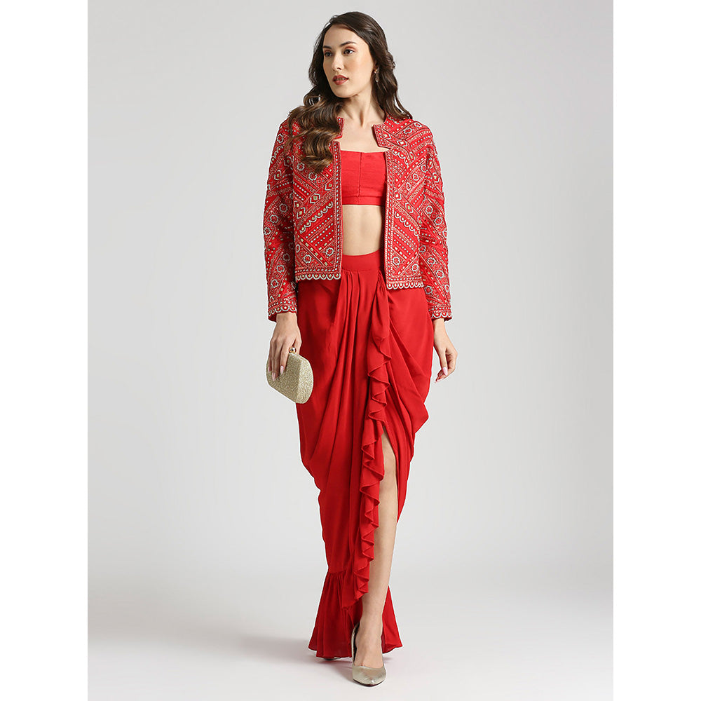 Neha Mehra Red Embroidered Jacket with Blouse and Skirt (Set of 3)