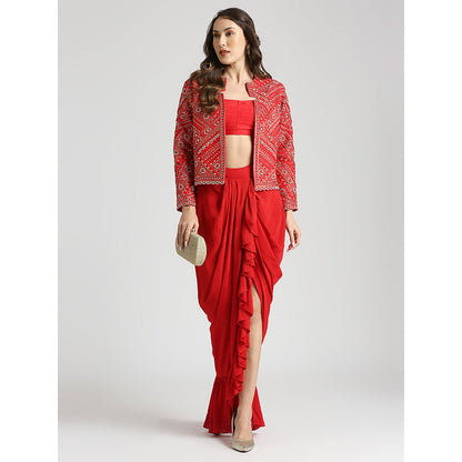 Neha Mehra Red Embroidered Jacket with Blouse and Skirt (Set of 3)