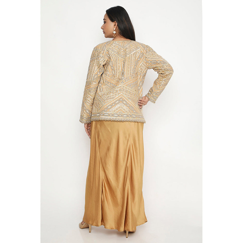 Neha Mehra Golden Embroidered Jacket with Slip and Skirt (Set of 3)
