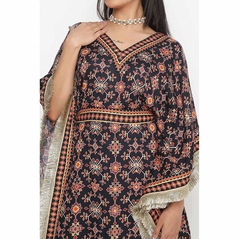 Neha Mehra Black Killa Printed Kaftan Dress with Belt (Set of 2)