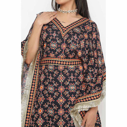 Neha Mehra Black Killa Printed Kaftan Dress with Belt (Set of 2)