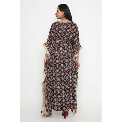Neha Mehra Black Killa Printed Kaftan Dress with Belt (Set of 2)