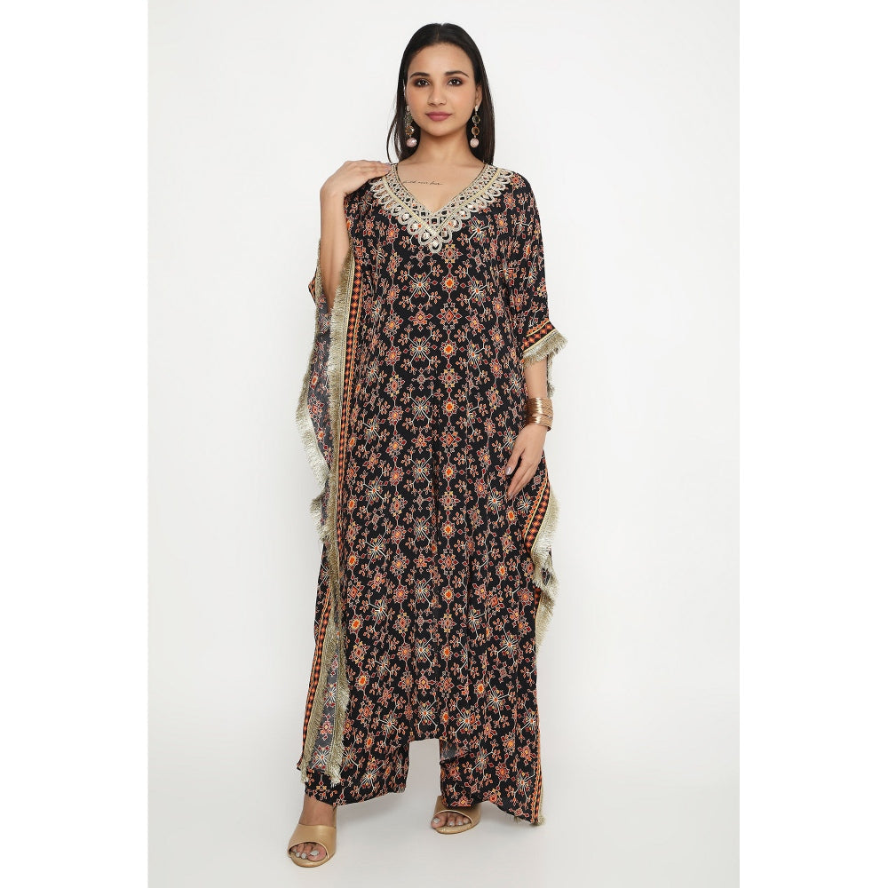 Neha Mehra Black Killa Printed Front Slit Kaftan and Pant (Set of 2)