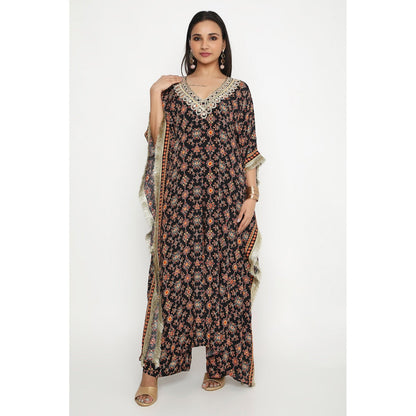 Neha Mehra Black Killa Printed Front Slit Kaftan and Pant (Set of 2)