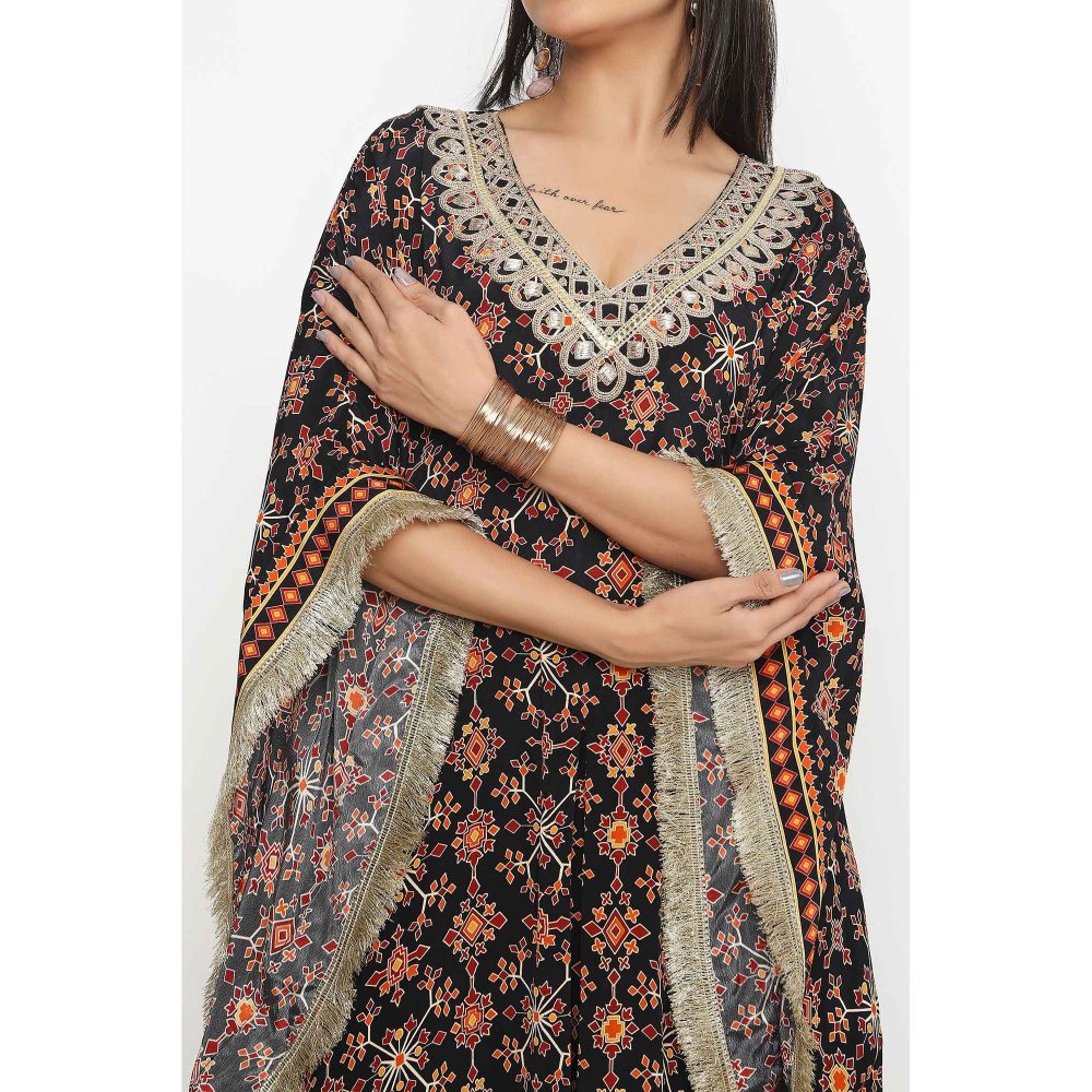 Neha Mehra Black Killa Printed Front Slit Kaftan and Pant (Set of 2)