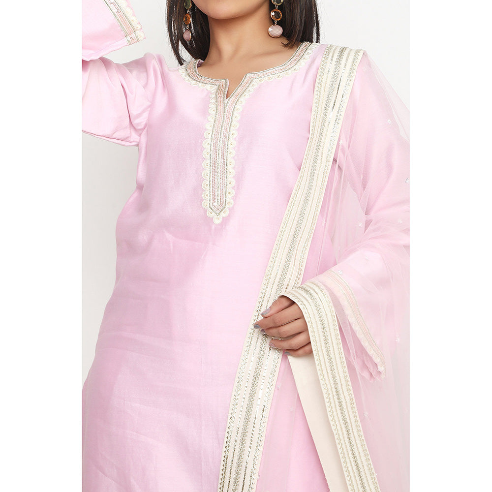 Neha Mehra Candy Pink Embroidered Kurta and Tulip Pant with Dupatta (Set of 3)
