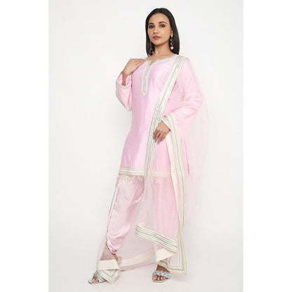 Neha Mehra Candy Pink Embroidered Kurta and Tulip Pant with Dupatta (Set of 3)