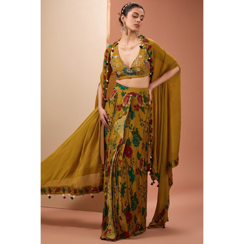 Neha Khullar Mustard Printed Lehenga with Blouse and Cape (Set of 3)