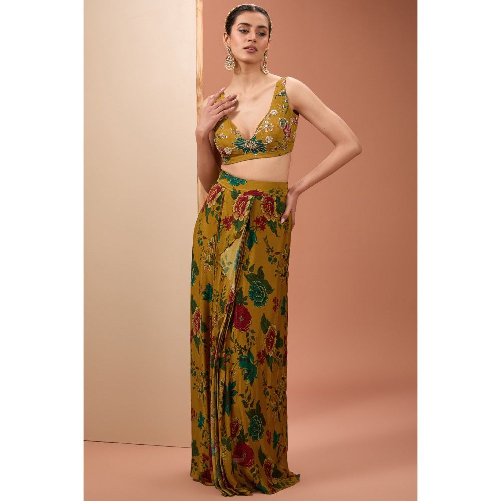 Neha Khullar Mustard Printed Lehenga with Blouse and Cape (Set of 3)