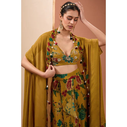 Neha Khullar Mustard Printed Lehenga with Blouse and Cape (Set of 3)