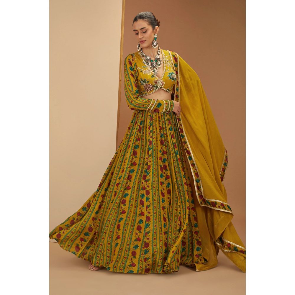 Neha Khullar Mustard Printed Lehenga With Zardosi Embroidery Blouse and Dupatta (Set of 3)
