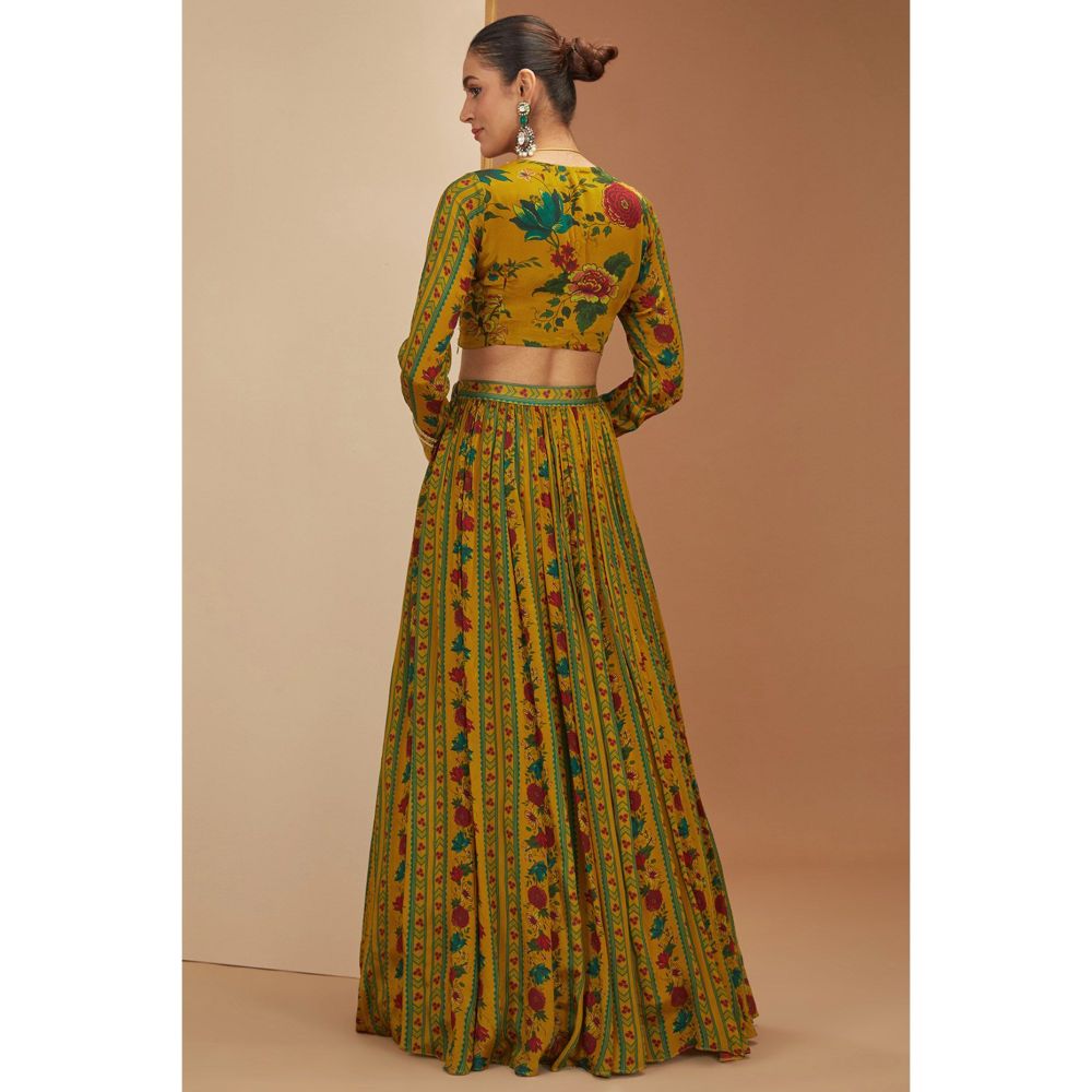 Neha Khullar Mustard Printed Lehenga With Zardosi Embroidery Blouse and Dupatta (Set of 3)