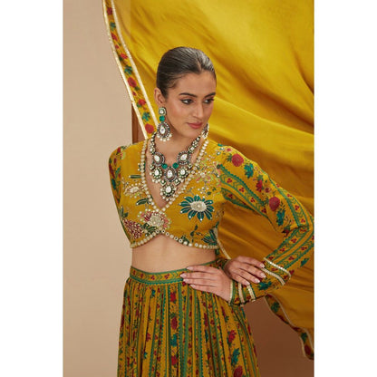 Neha Khullar Mustard Printed Lehenga With Zardosi Embroidery Blouse and Dupatta (Set of 3)