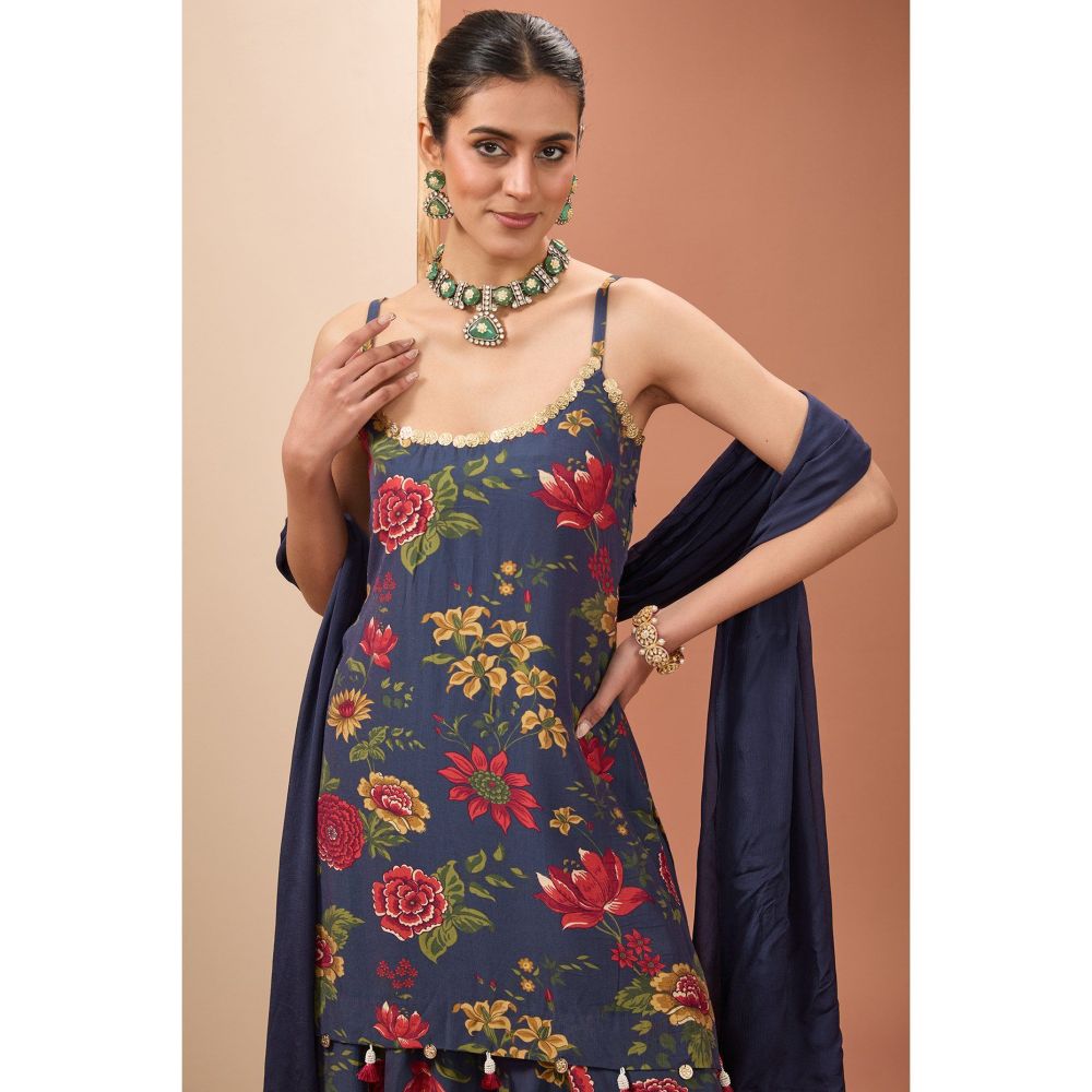 Neha Khullar Blue Printed Sharara with Kurta and Dupatta (Set of 3)