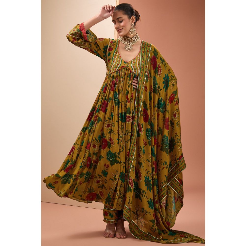 Neha Khullar Mustard Printed Anarkali Kurta with Dupatta and Pant (Set of 3)