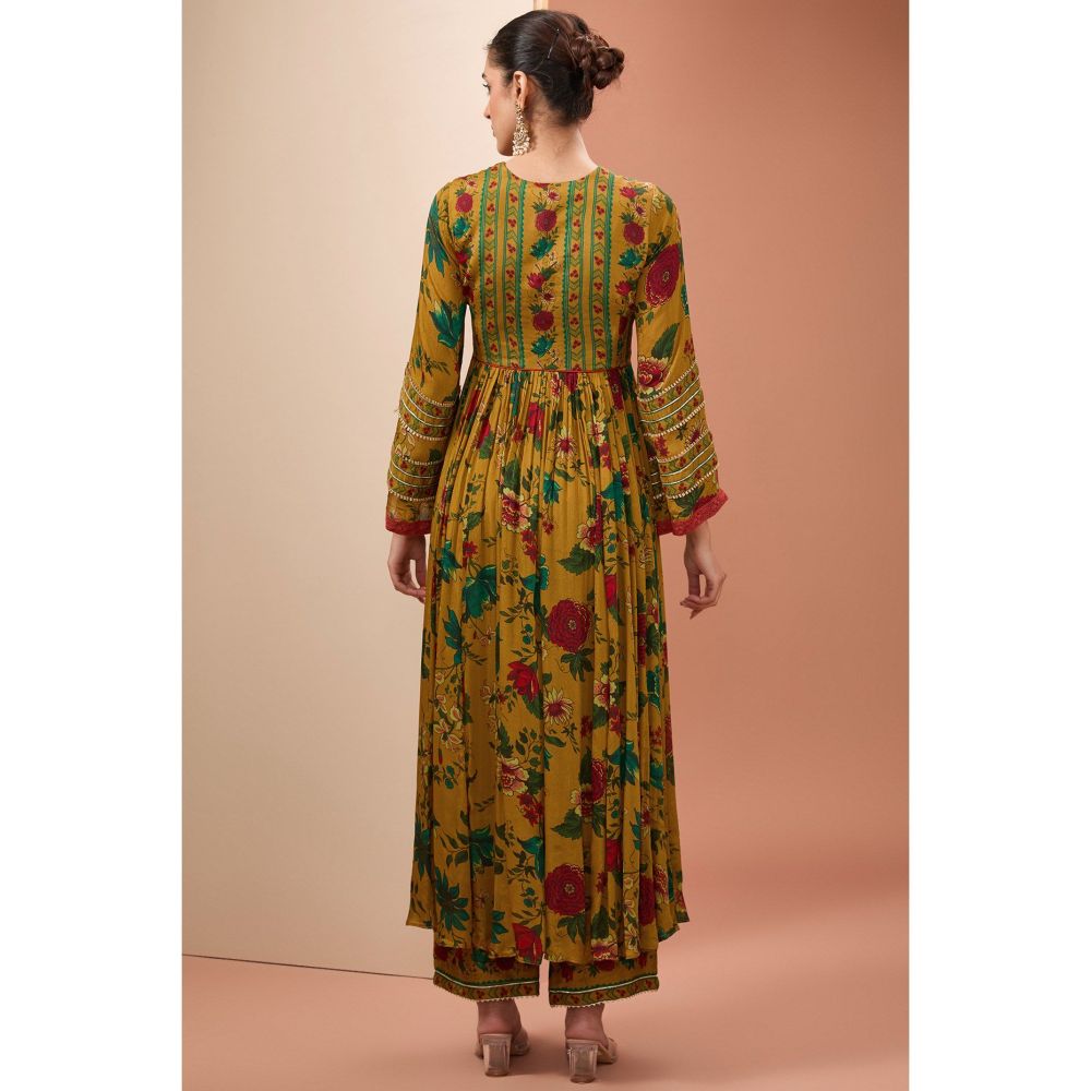 Neha Khullar Mustard Printed Anarkali Kurta with Dupatta and Pant (Set of 3)