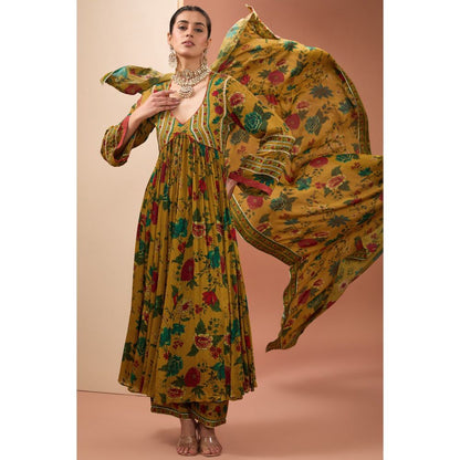 Neha Khullar Mustard Printed Anarkali Kurta with Dupatta and Pant (Set of 3)