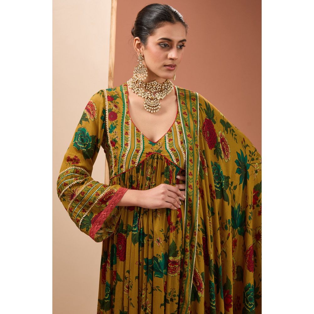 Neha Khullar Mustard Printed Anarkali Kurta with Dupatta and Pant (Set of 3)