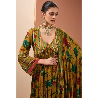 Neha Khullar Mustard Printed Anarkali Kurta with Dupatta and Pant (Set of 3)