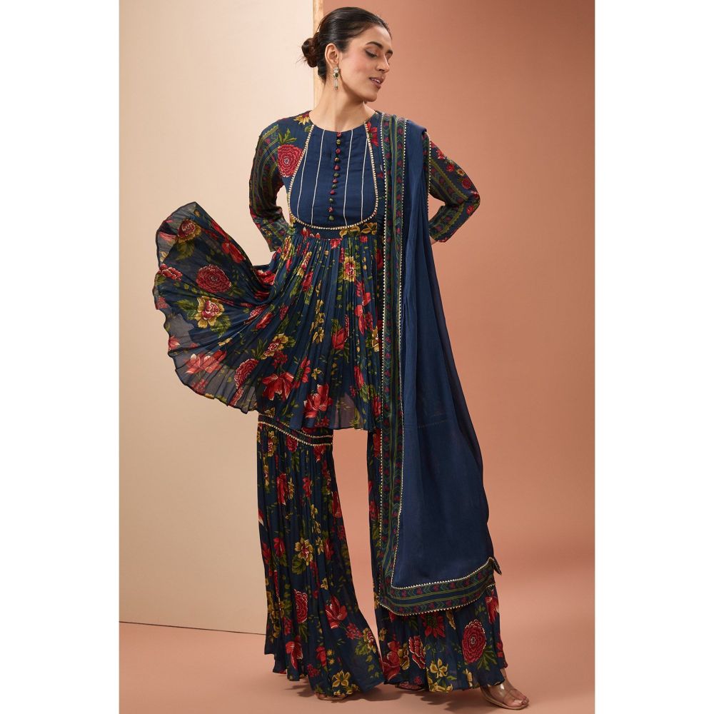 Neha Khullar Blue Printed Sharara with Kurta and Dupatta (Set of 3)