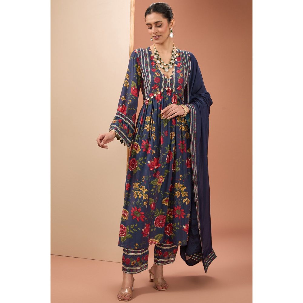 Neha Khullar Blue Printed Anarkali Kurta with Pant and Dupatta (Set of 3)