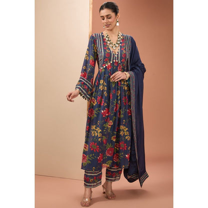 Neha Khullar Blue Printed Anarkali Kurta with Pant and Dupatta (Set of 3)