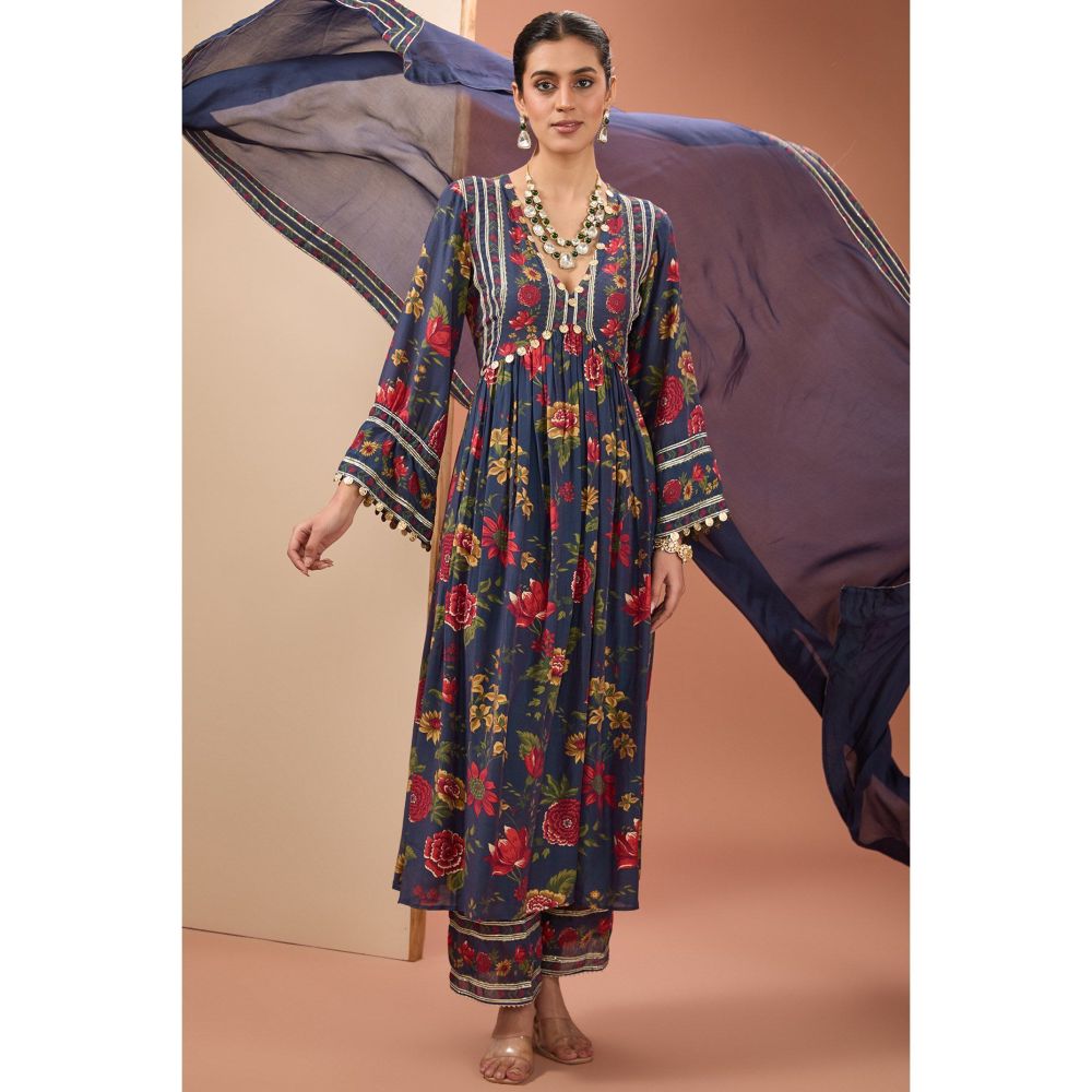 Neha Khullar Blue Printed Anarkali Kurta with Pant and Dupatta (Set of 3)