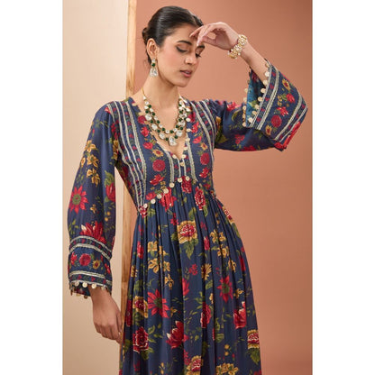 Neha Khullar Blue Printed Anarkali Kurta with Pant and Dupatta (Set of 3)