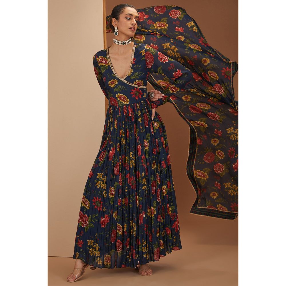 Neha Khullar Blue Anarkali Kurta With Gota Embroidery Pant with Dupatta (Set of 3)