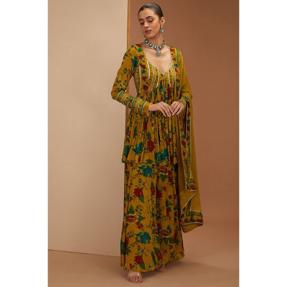 Neha Khullar Mustard Printed Sharara With Gota Embroidery with Kurta and Dupatta (Set of 3)
