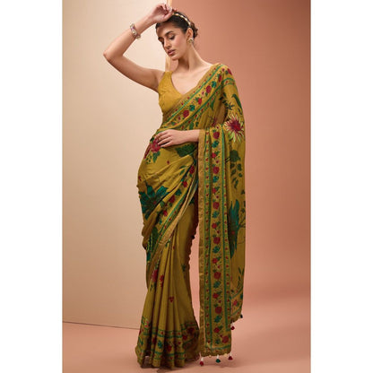 Neha Khullar Printed Saree In Mustard Colour with Petticoat and Stitched Blouse