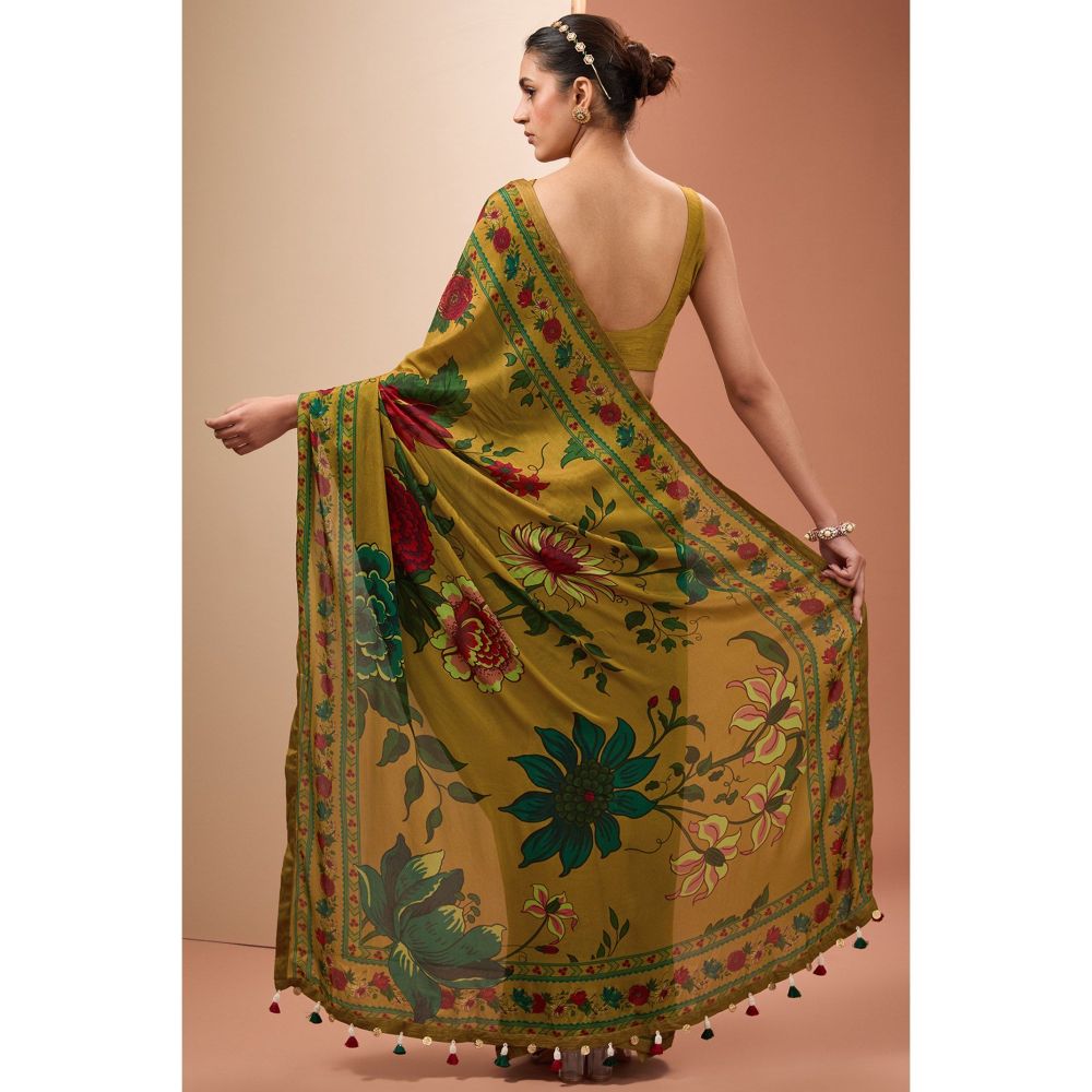 Neha Khullar Printed Saree In Mustard Colour with Petticoat and Stitched Blouse
