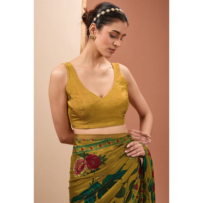 Neha Khullar Printed Saree In Mustard Colour with Petticoat and Stitched Blouse