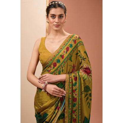 Neha Khullar Printed Saree In Mustard Colour with Petticoat and Stitched Blouse