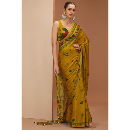 Neha Khullar Mustard Printed Saree with Petticoat and Stitched Blouse