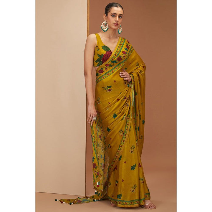 Neha Khullar Mustard Printed Saree with Petticoat and Stitched Blouse
