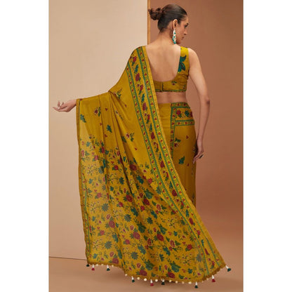 Neha Khullar Mustard Printed Saree with Petticoat and Stitched Blouse