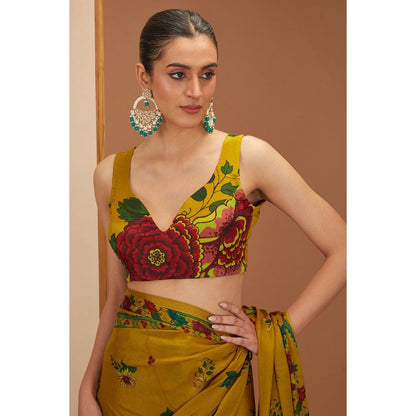 Neha Khullar Mustard Printed Saree with Petticoat and Stitched Blouse