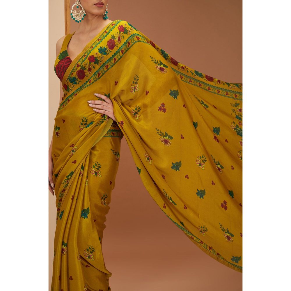 Neha Khullar Mustard Printed Saree with Petticoat and Stitched Blouse