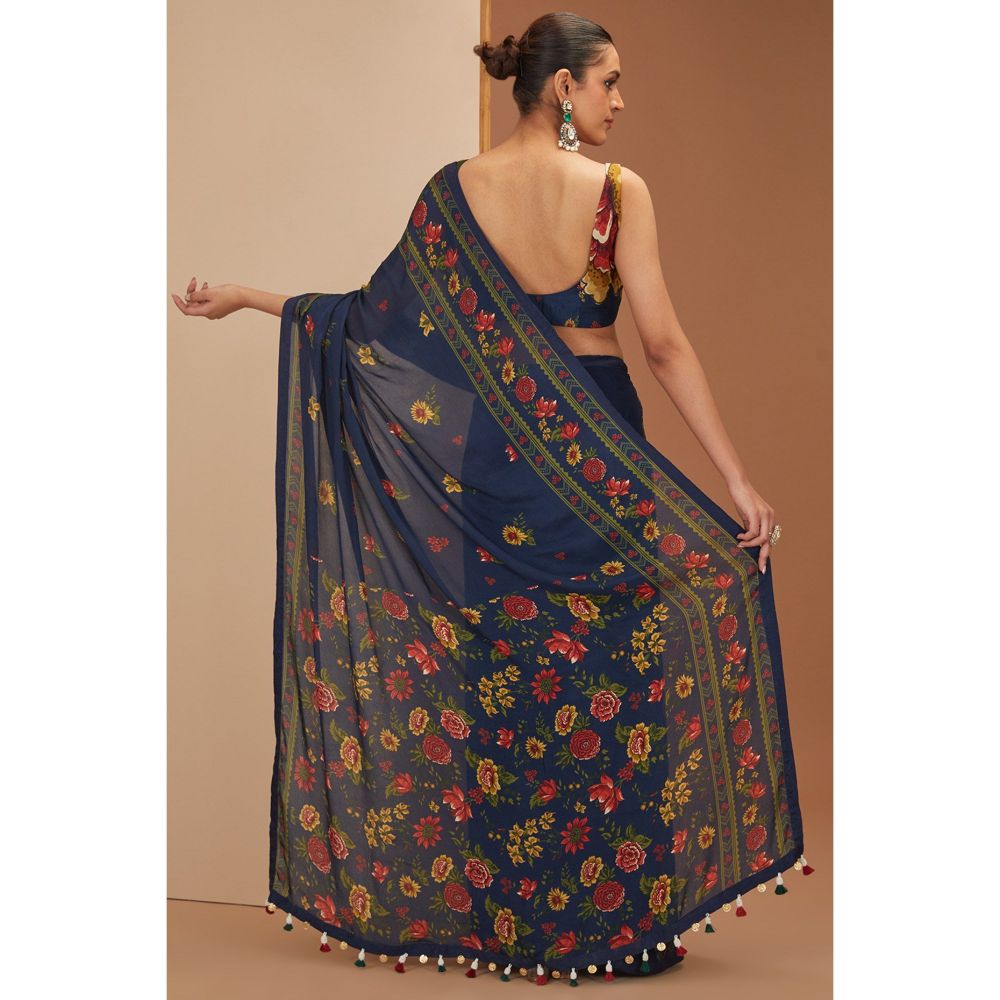 Neha Khullar Blue Printed Saree with Petticoat and Stitched Blouse