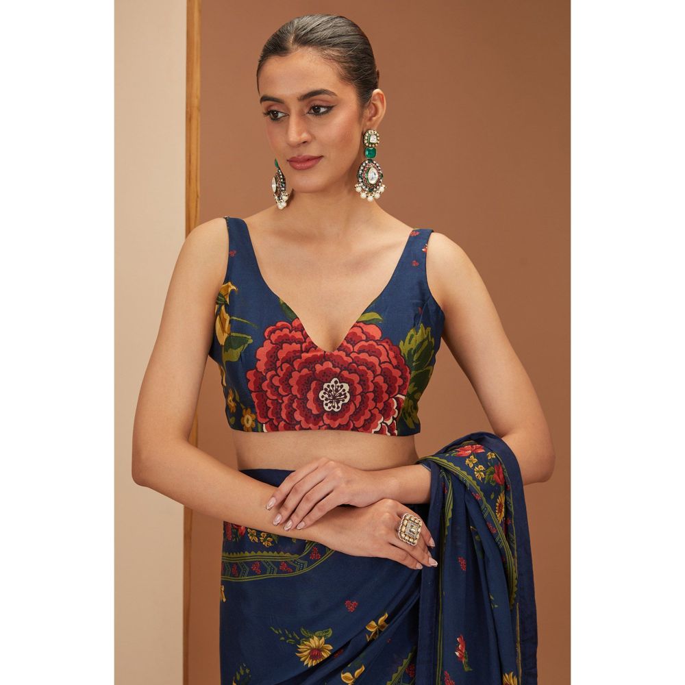Neha Khullar Blue Printed Saree with Petticoat and Stitched Blouse